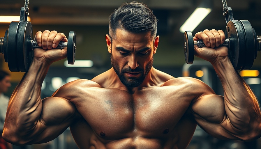 Muscular man lifting weights intensely in gym for muscle pain relief