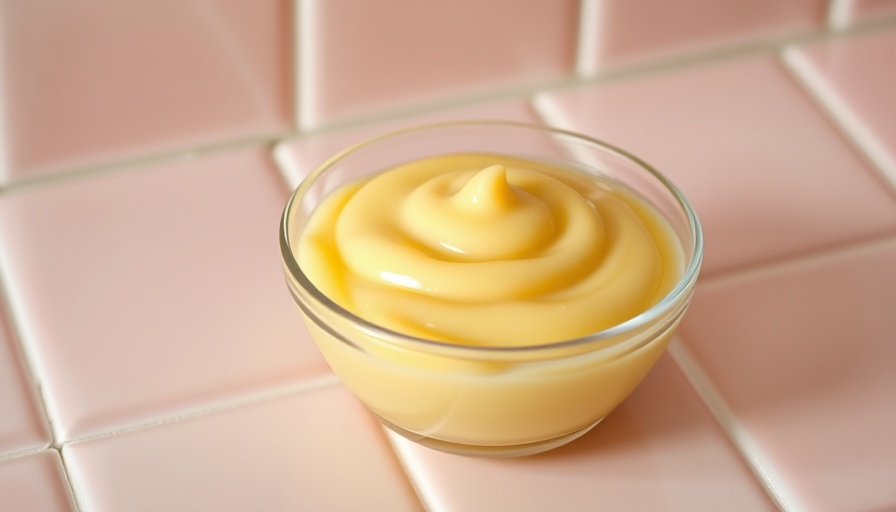 Smooth creamy baby food in glass bowl on pink tiles.
