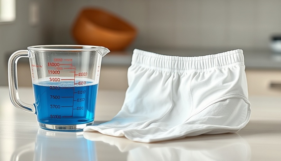 Absorbent underwear beside measuring cup for incontinence protection