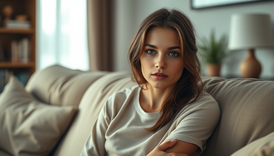 Thoughtful woman on a couch, reflecting on mental health and incontinence.