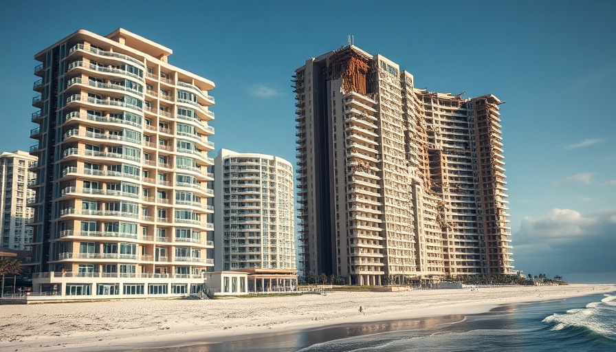 Florida condo market crisis illustrated by luxury and damaged buildings.