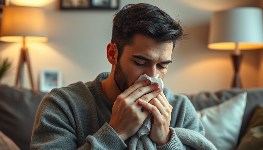 Man sneezing, sitting with blanket, indicating potential sneezing risk.