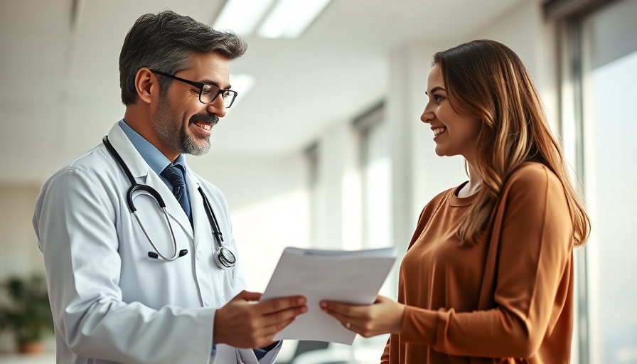 Healthcare professional discussing health with a patient in a medical office.