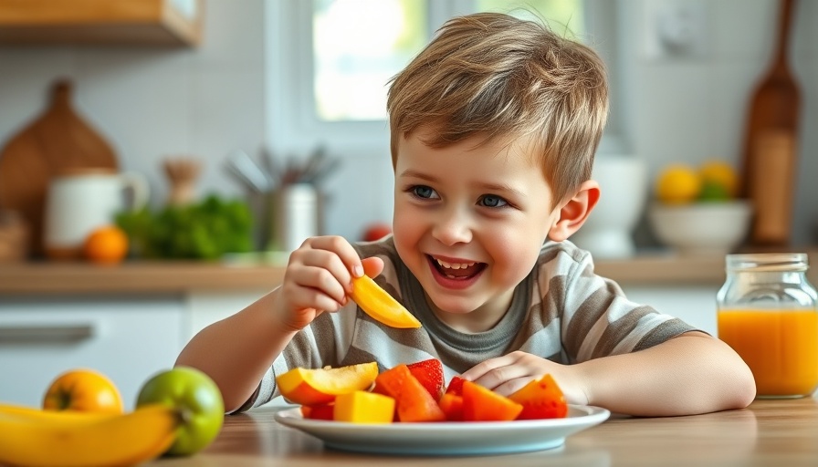 Young boy eating fruit on a kitchen table, bright setting.