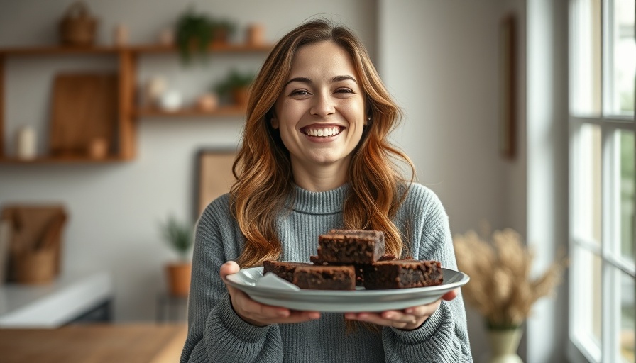 Woman enjoying a plate of brownies, promoting a healthy relationship with food.
