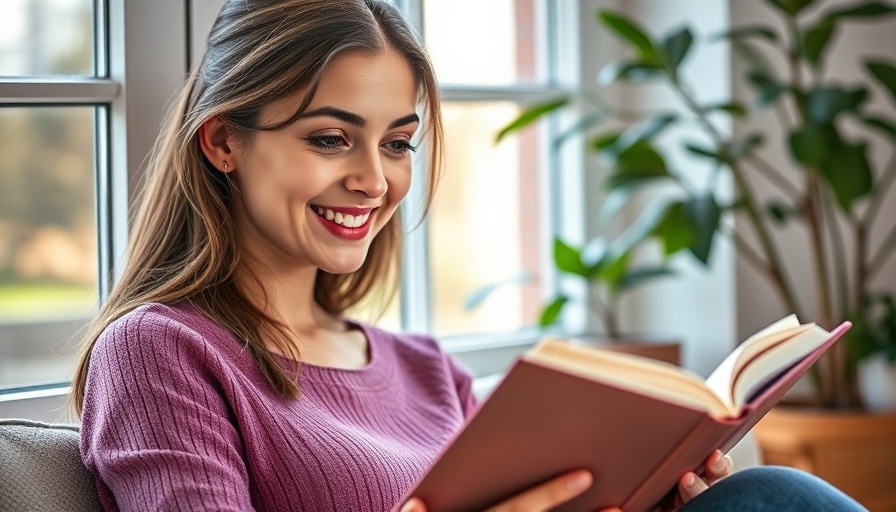 Woman reading February 2025 book with a smile indoors.
