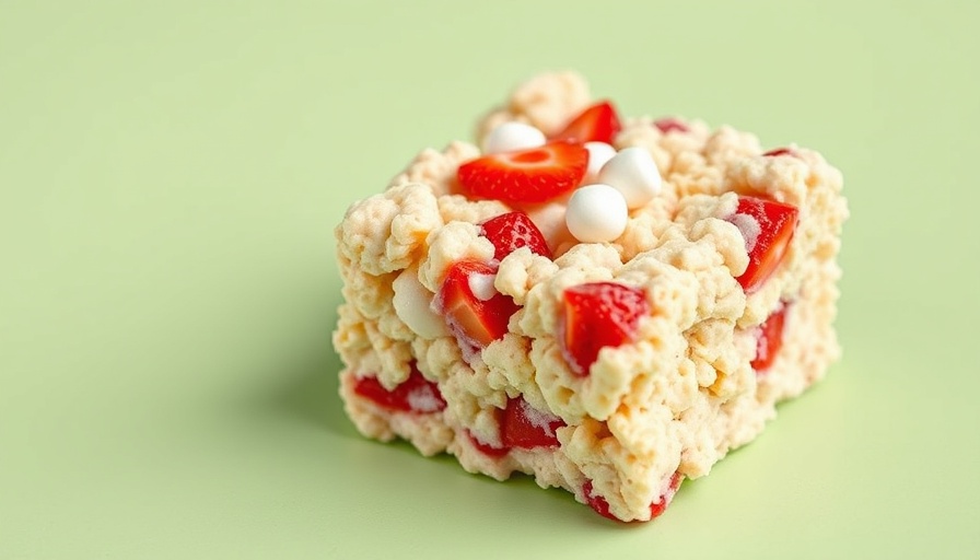 Close-up of Strawberries and Cream Rice Krispie Treats highlighting texture.