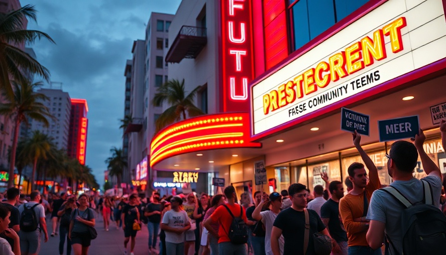 Miami Beach O Cinema with vibrant protest scene and neon lights.