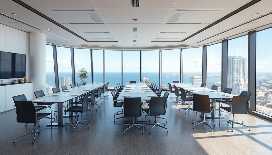 Modern meeting room in Miami with ocean views and sleek furnishings.