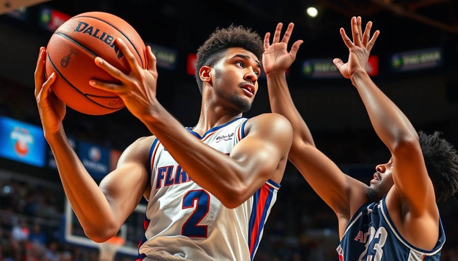 Florida player in SEC Tournament attempts a layup under bright arena lights.