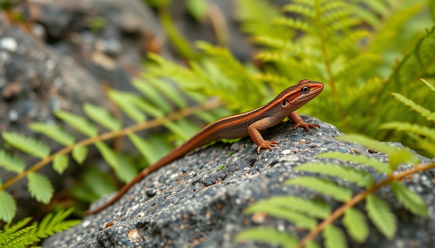 Red and brown skink on rock with green ferns in its natural habitat.