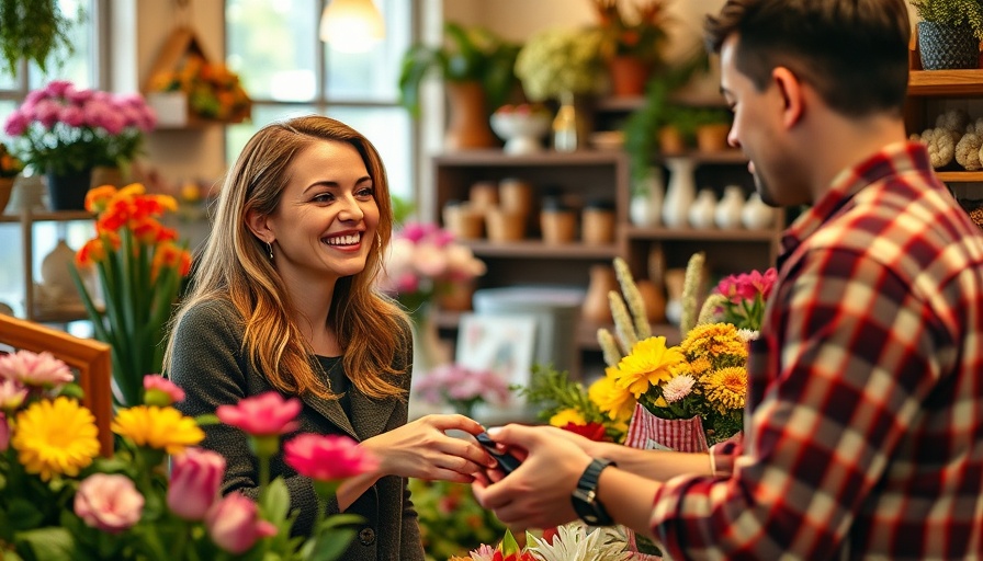 Shop transaction with 5% cash back potential in vibrant flower shop.
