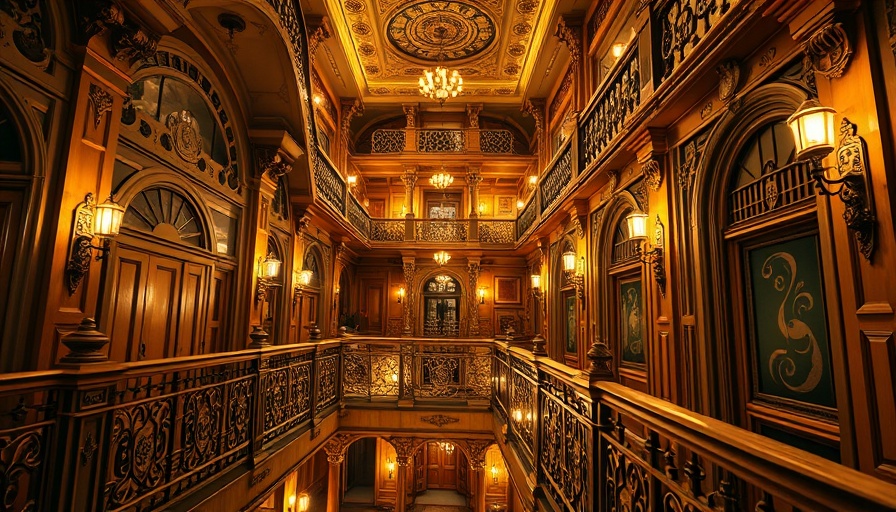 Victorian hotel hallway with ornate design.