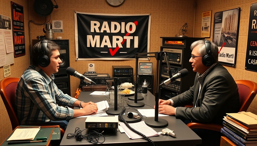 Radio studio with hosts at desks under Radio Marti TV sign.