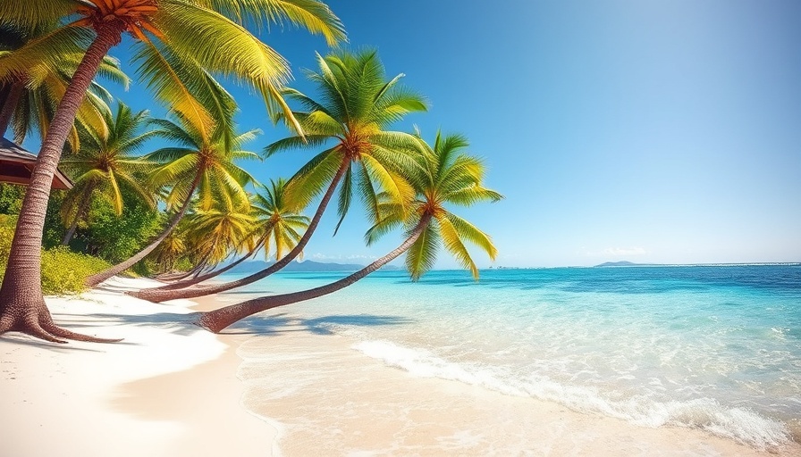 Serene tropical beach scene with palm trees and clear water.