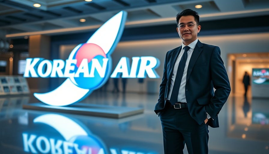 Man standing by Korean Air sign in modern exhibition space