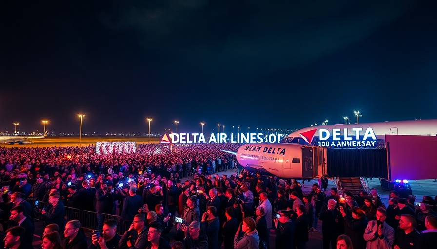 Delta Air Lines 100th Anniversary celebration with crowd and airplane.