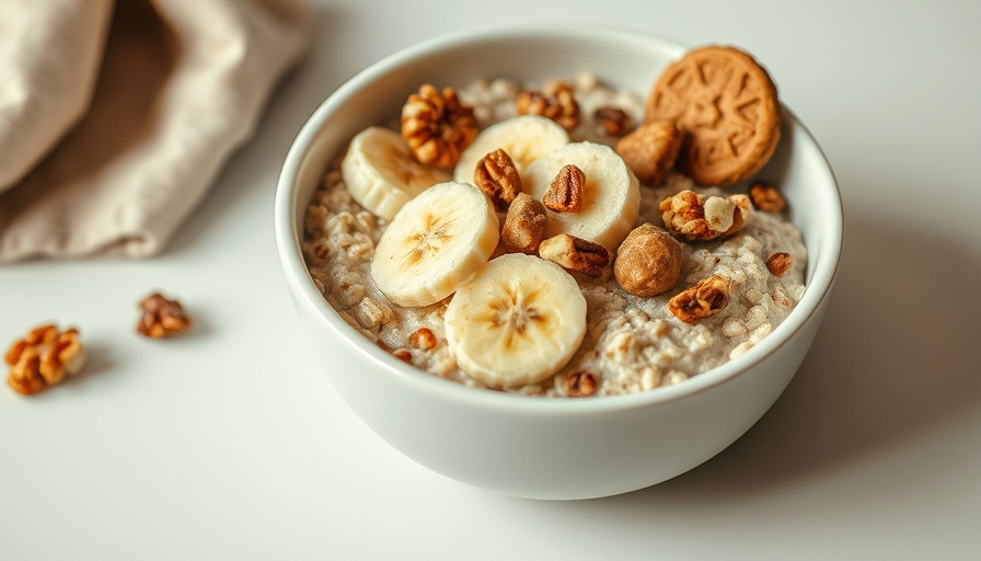 Fluffy banana stovetop oatmeal with walnuts and banana slices in bowl.