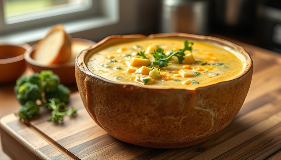 Delicious homemade broccoli cheddar soup in rustic bread bowl.
