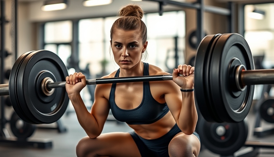 Woman squatting with barbell in gym, illustrating strength and focus.