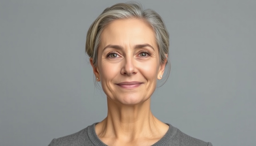 Portrait of a confident middle-aged woman on a gray background.