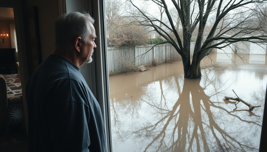 Older male observing flooding aftermath from Hurricane Milton through a window.