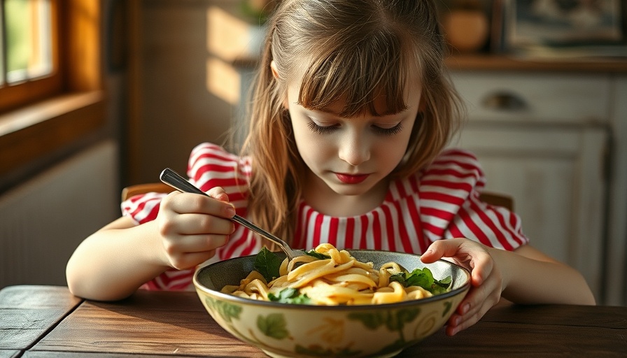 Young girl eating healthy pasta dish, teach kids healthy eating habits