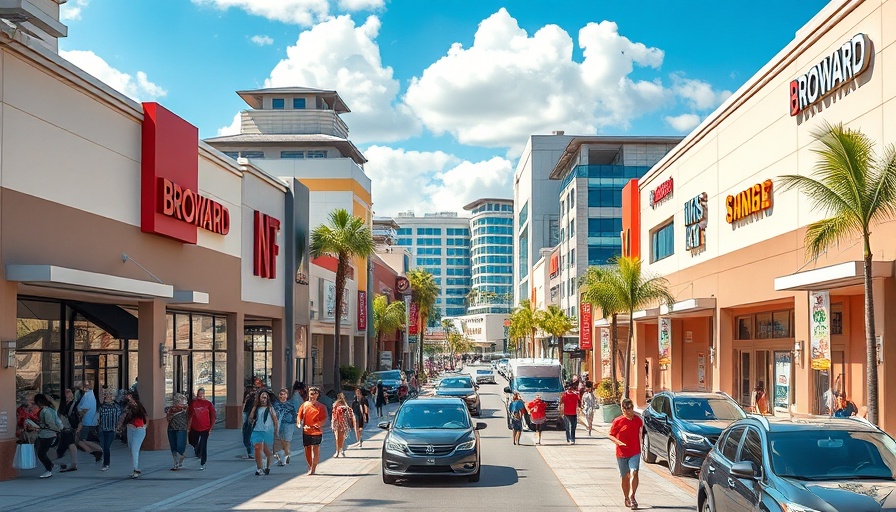 Broward retail center sale with modern shops and busy shoppers.