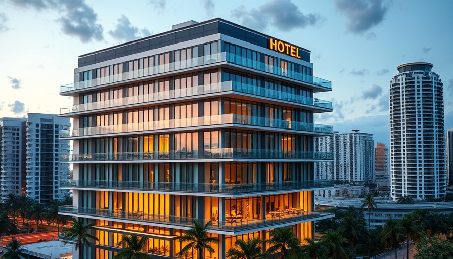 Modern Miami hotel building, sleek design, evening lighting.