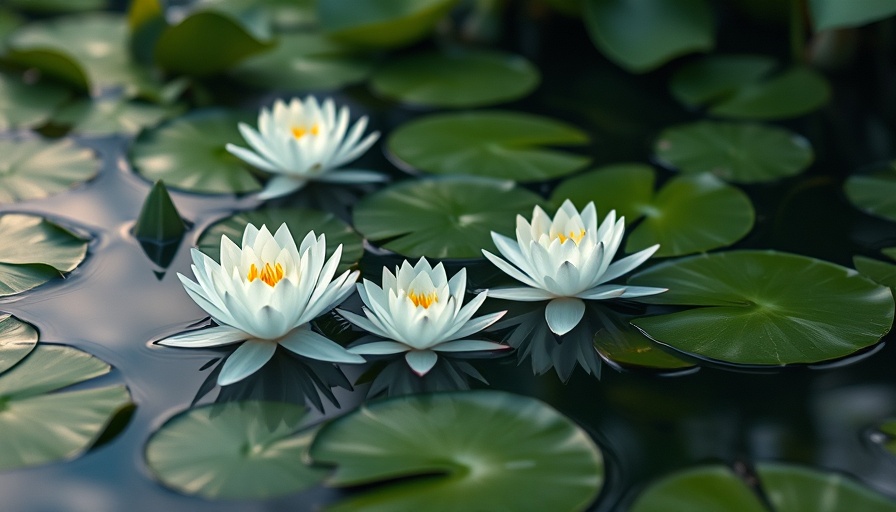White lilies in Florida pond, serene June atmosphere.