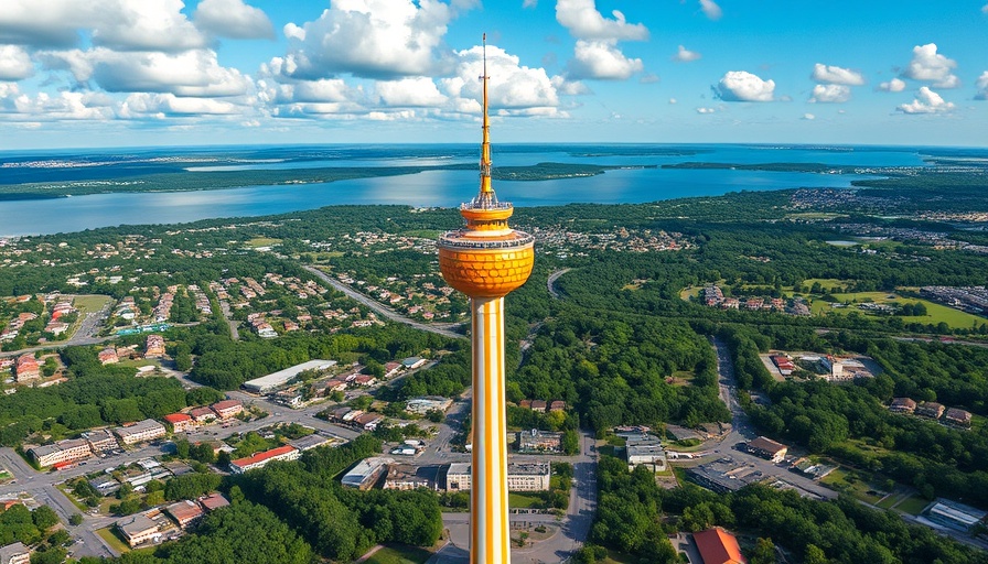 Scenic view of Citrus Tower in Clermont, FL with lake and town.