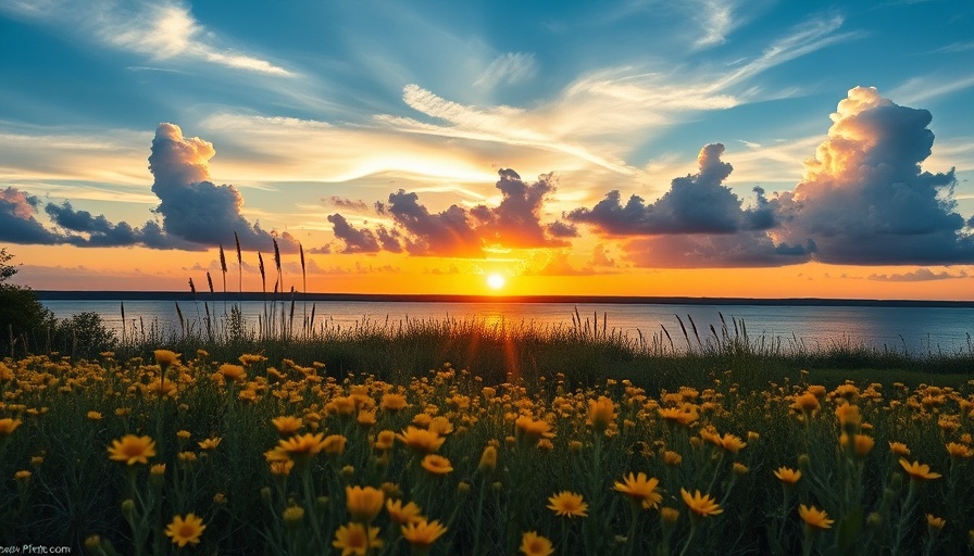 Serene sunset at Lake Apopka Wildlife Drive with wildflowers.