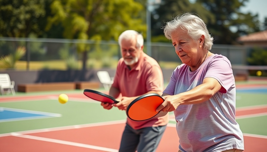 Older couple playing pickleball energetically on a court, illustrating joint pain in sports.