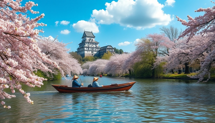 UK trade sales in travel to cherry blossom season with historic castle view.