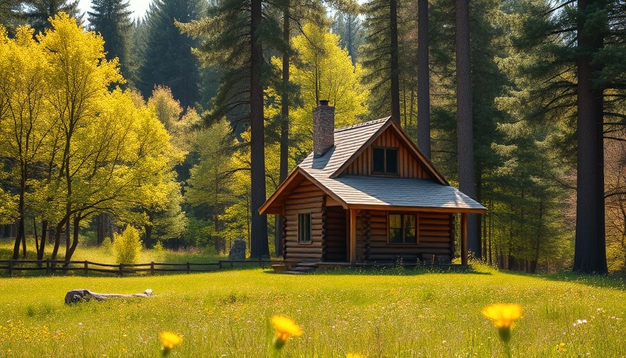 Quaint cabin in a forest meadow, serene and lush.