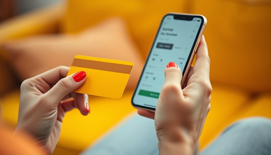 Hands holding a yellow credit card and phone on a yellow couch.