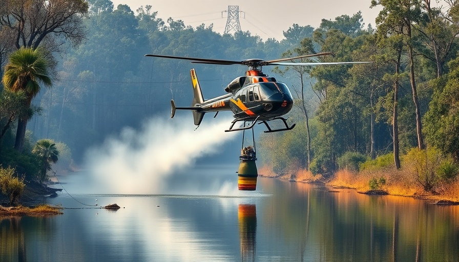 Helicopter fighting Florida wildfires with water bucket.
