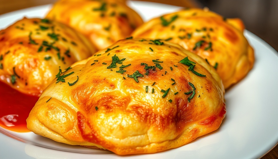 Golden herb-coated high-protein pizza hot pockets with marinara sauce.
