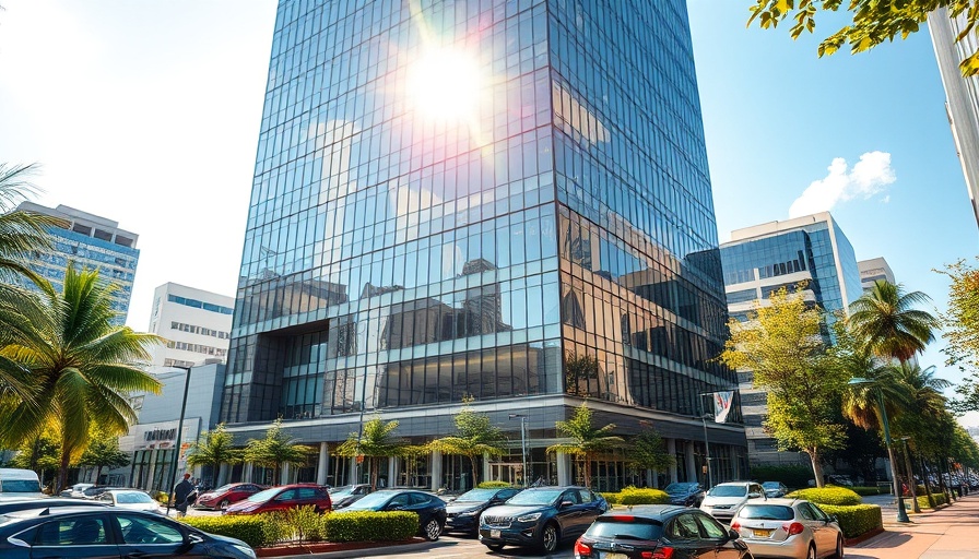 Modern Coral Springs office building shines in the sun, recently sold for $30 million.