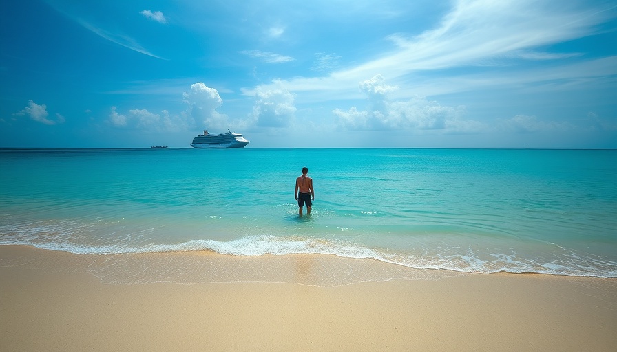 Serene beach scene with cruise ship in distance under clear skies.