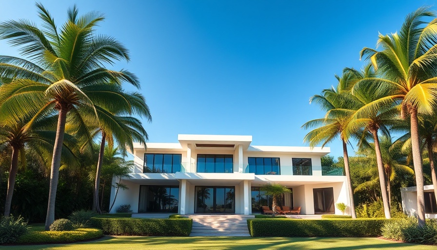 Luxurious Miami Beach waterfront mansion with lush greenery and palm trees.