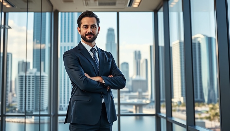 CBRE promotes Miami office head in modern office with skyline.