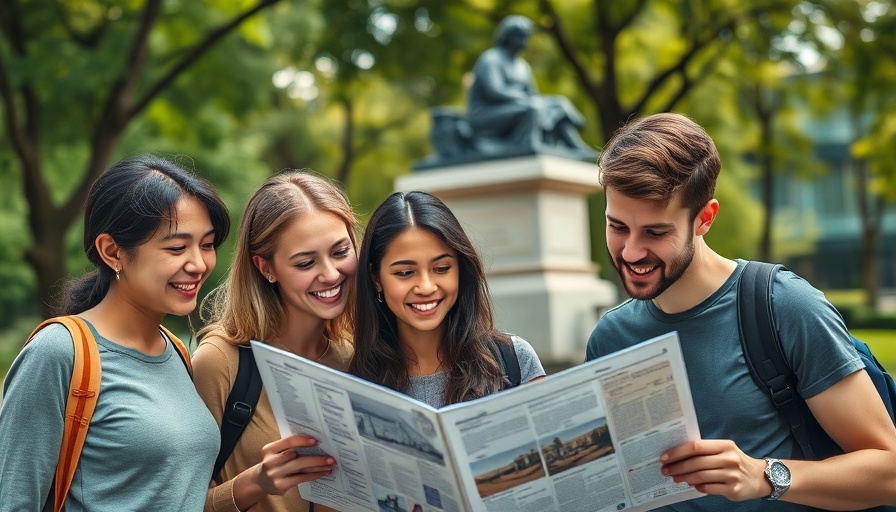 Group exploring in a park with statue, Vietnam scene.