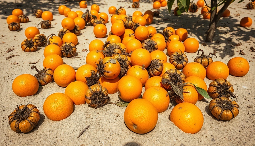 Decomposing oranges symbolize Florida orange juice production decline.