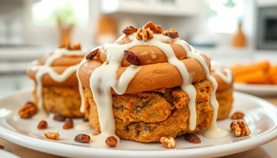 Carrot cake cinnamon rolls with icing and nuts in white dish.