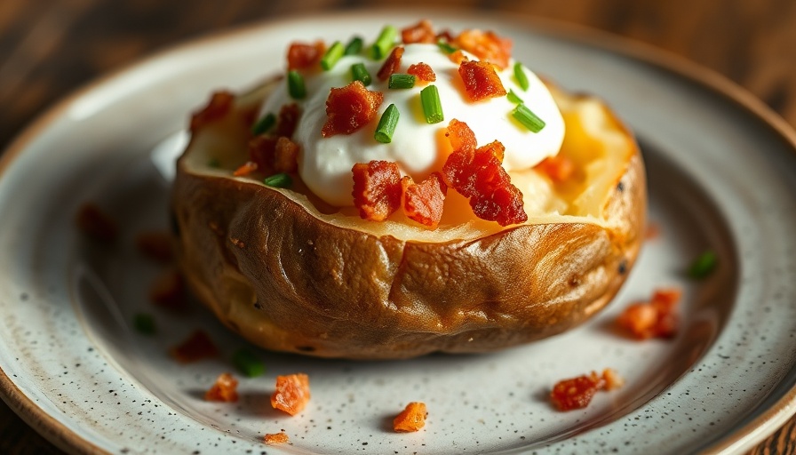 Delicious microwave baked potato topped with bacon and chives on plate.