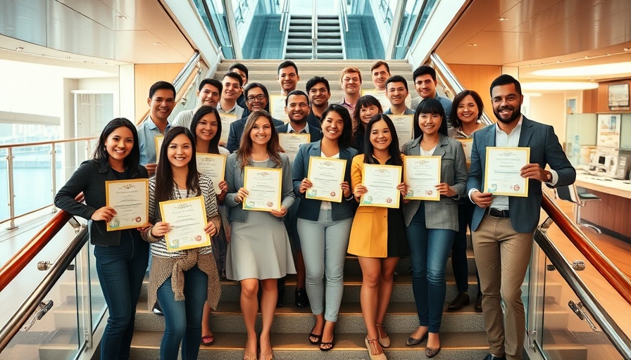 River cruise academy graduates with certificates on a stairway.