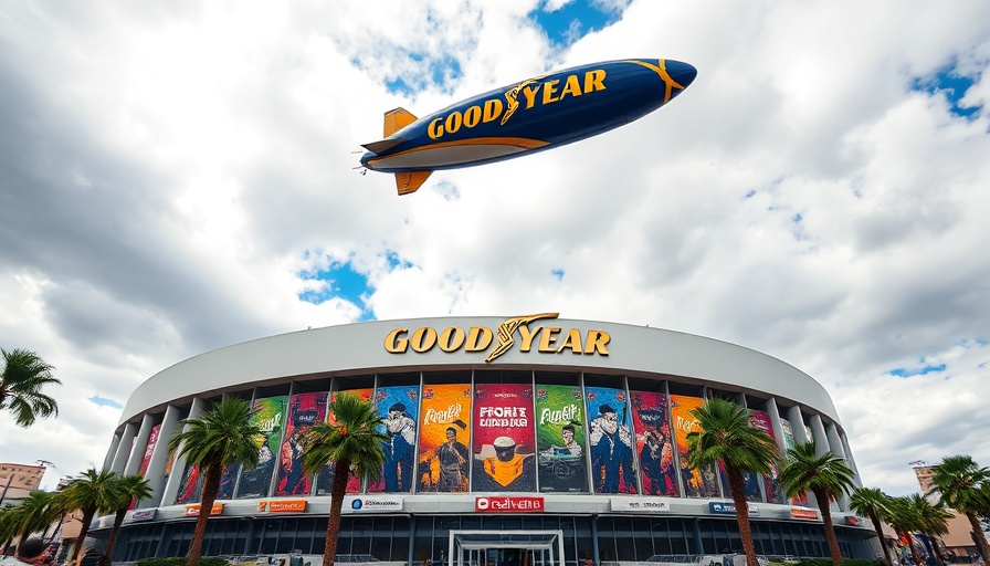 Colorful stadium exterior with banners suggesting dynamic future events against a partly cloudy sky.