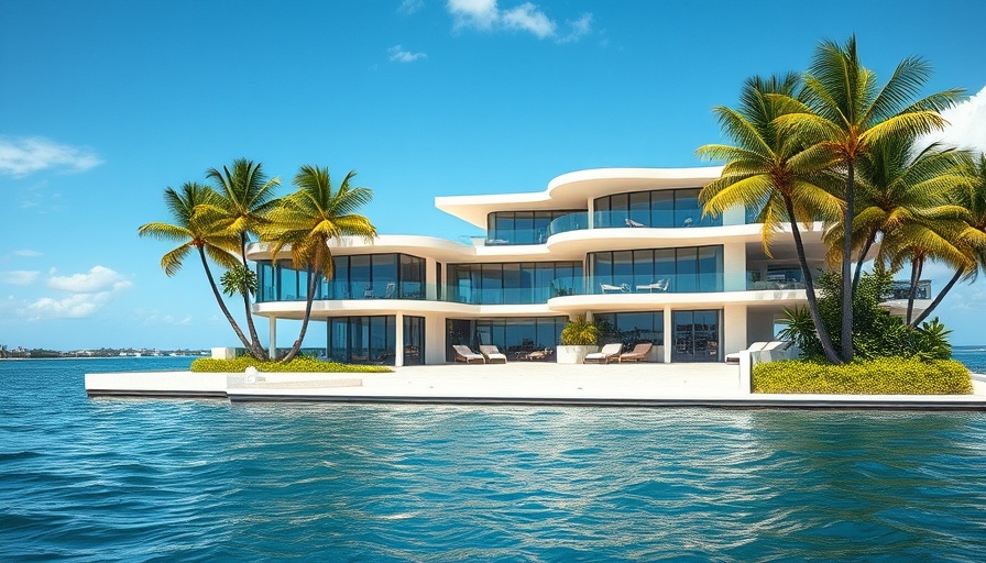 Luxurious waterfront home in Miami Bay Point with palm trees.
