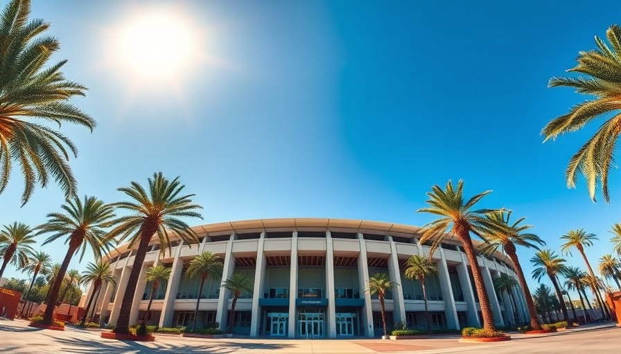 Steinbrenner Field entrance with palm trees under blue sky.